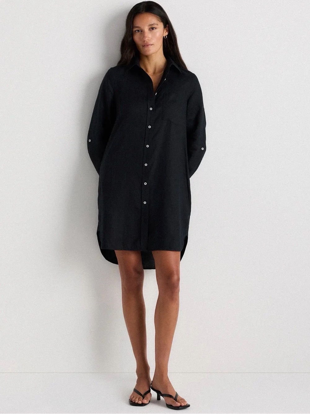 Quince European Linen Shirt Dress in Black - Picture 2 of 10